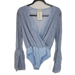 NWT Peach Lane Blue Bodysuit Crossover Deep V-neck Blouse Size M